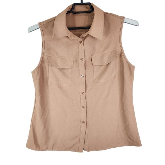 Women's Brown Shirt Top Button-Up Sleeveless 100% Polyester Pockets Size XL - Picture 1 of 10